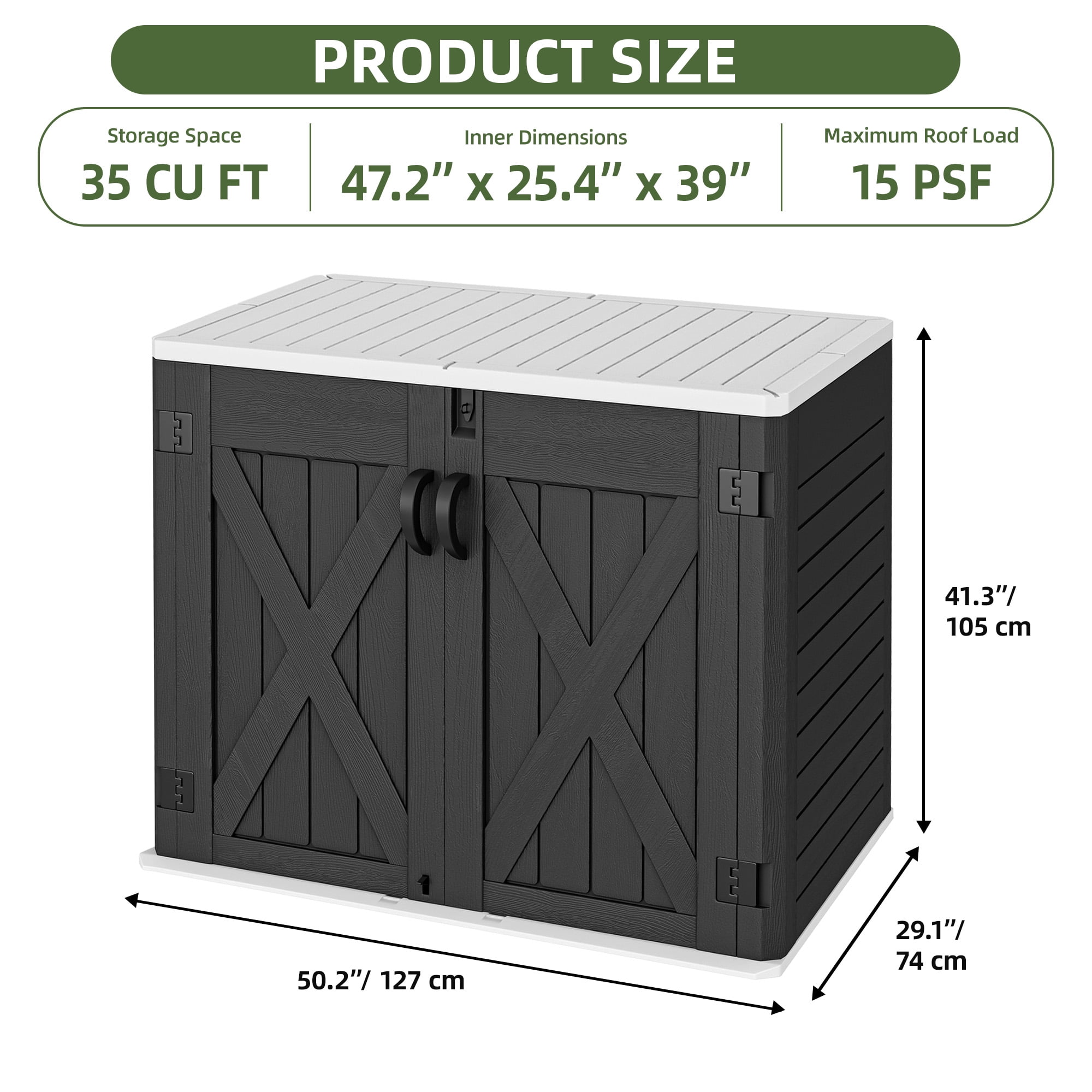 Uforic Outdoor Horizontal Storage Shed with X-Shaped Lockable Door, 35 Cu Ft Weather Resistant Resin Tool Shed, Dark Gray