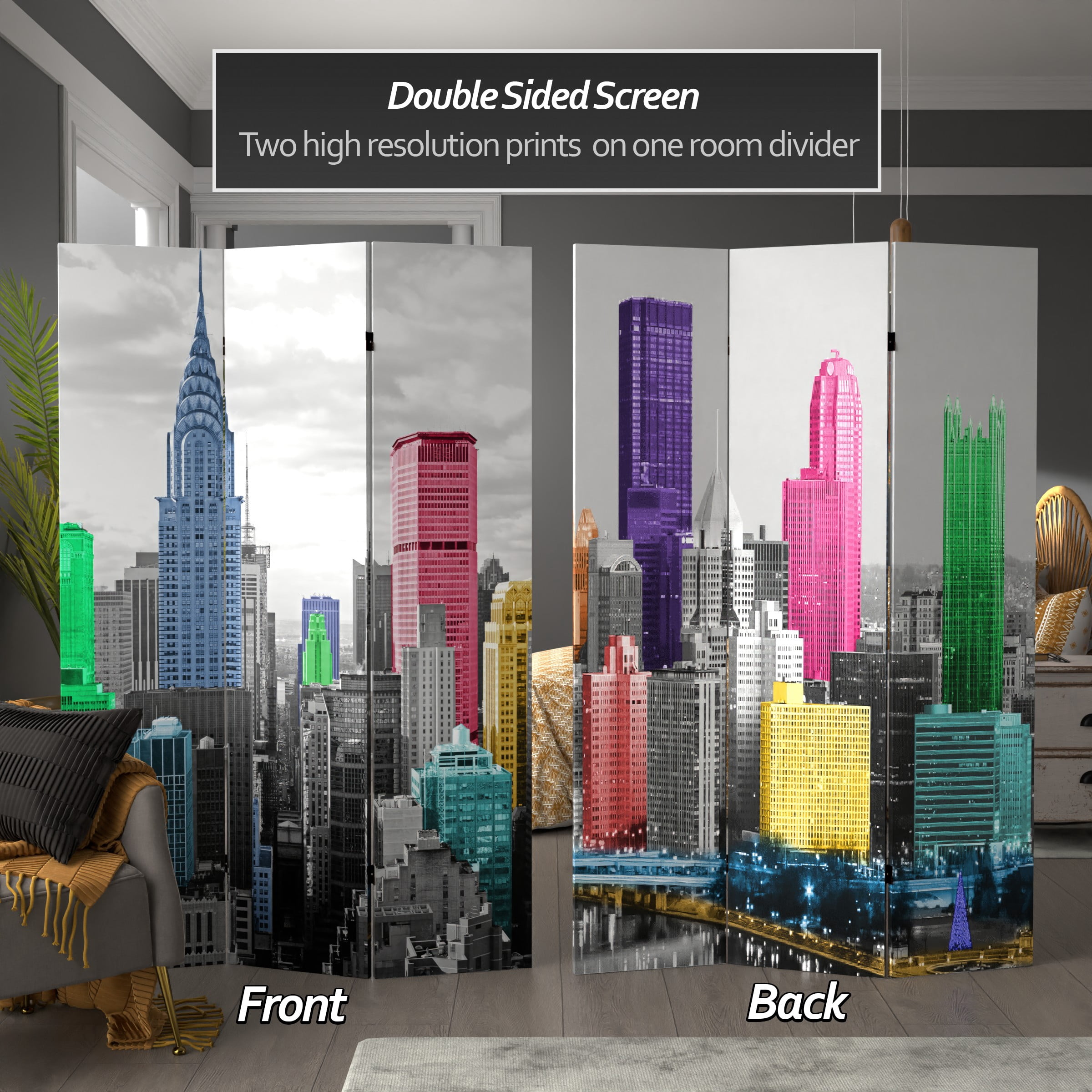 Handmade Wood and Canvas Double-sided New York Scene Room Divider (China)