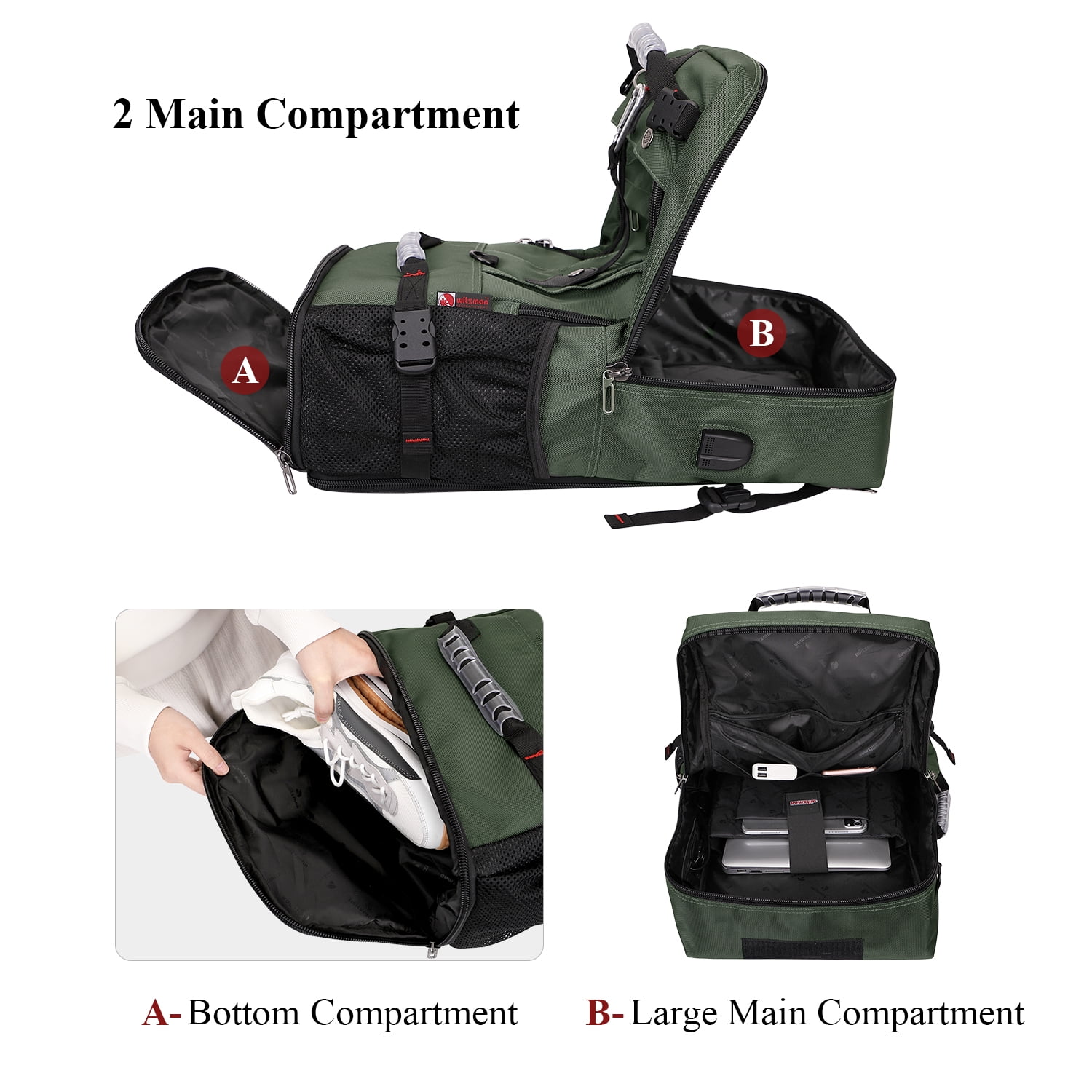 WITZMAN Carry on Nylon Travel Backpack for Men Convertible Large Duffle Luggage Bags for Airplane fit 18 inch Laptop B681 Army Green
