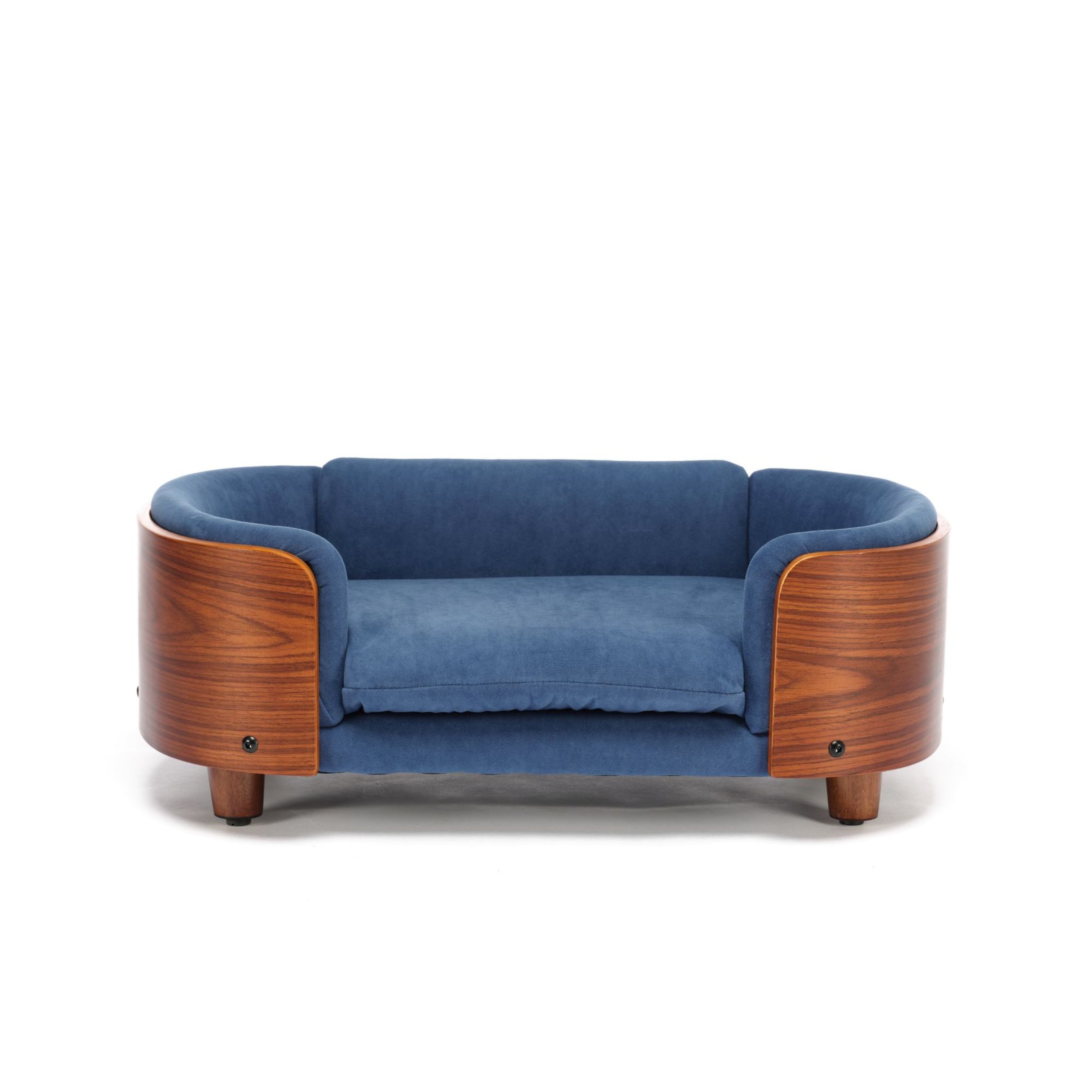 Noble House Scandinavian Elevated Small Dog Bed, Pet Sofa with Solid Wood Frame, Dark Blue and Walnut