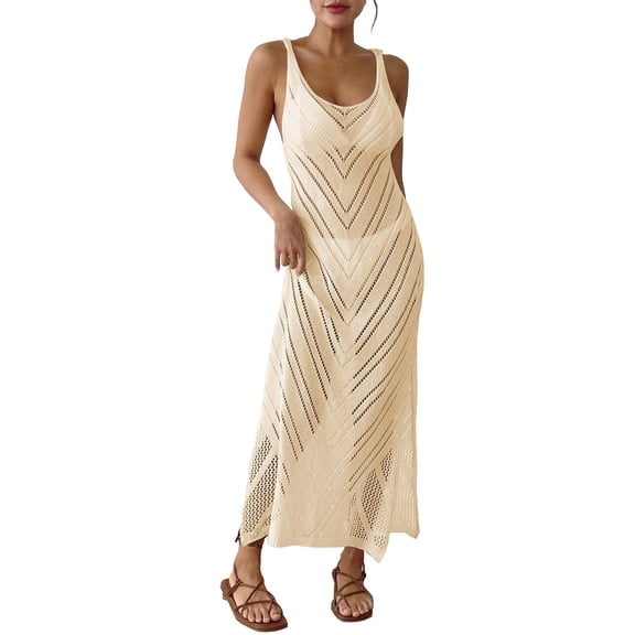 Ruimatai Women's Sexy Hollow Woven Beach Dress Sleeveless Split Summer Casual Sundress Party Cover Up Fashion Round Neck Free Size