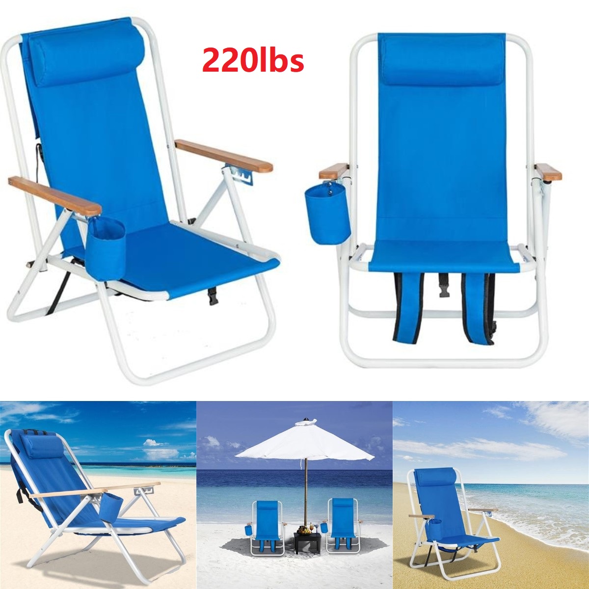 Goorabbit Blue Beach Chair,Folding Portable Backpack Beach Chair with