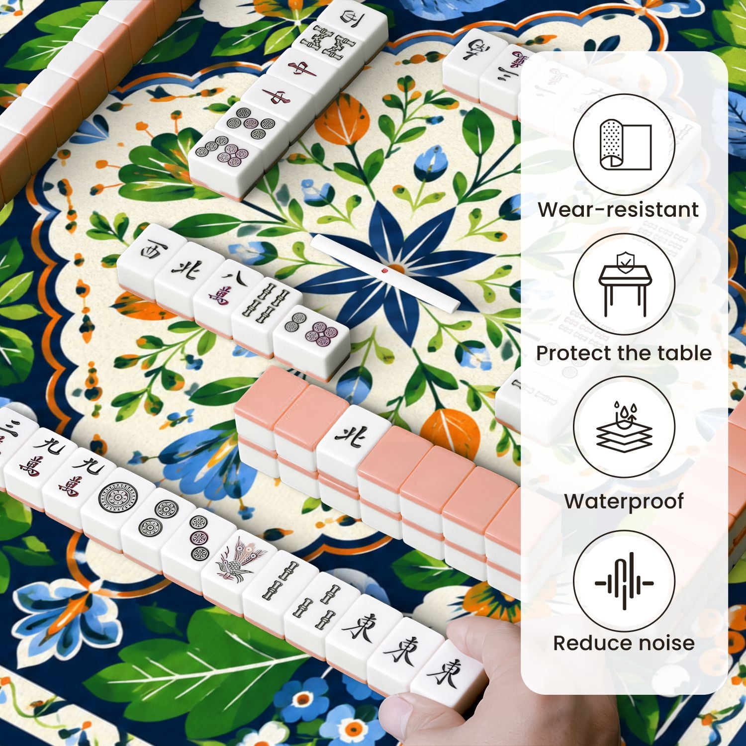 Mahjong Mat 31.5" x 31.5" Floral Folk Art Orange Blue White Flowers Green Leaves Dark Non-Slip Noise Reduction Mahjong Tiles Table Cover for Dominoes Poker Card Board and Tile Games