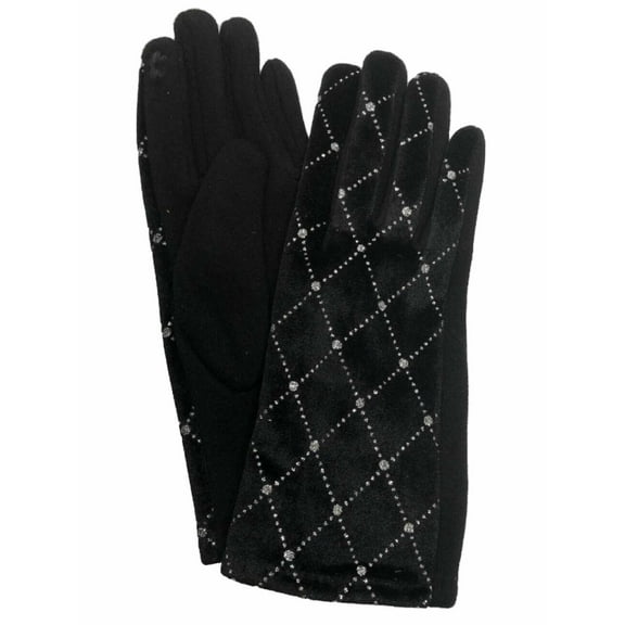 Womens Black Velvet Diamond Soft Stretch Texting & Tech Touchscreen Gloves