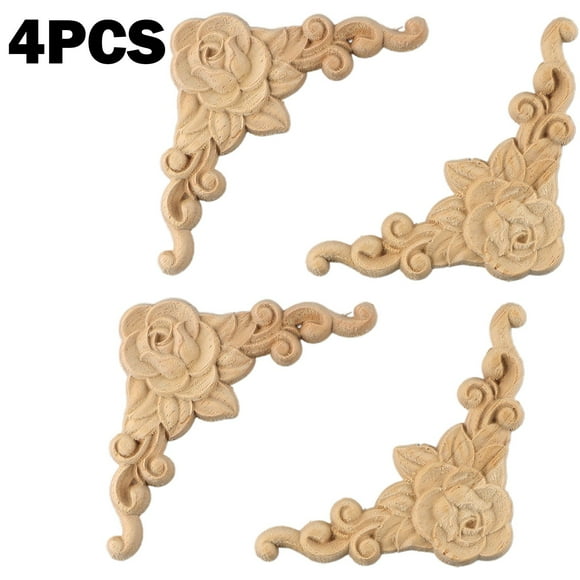 4Pcs Wooden Carved Corner Onlay Applique Furniture Mouldings Decal Decor