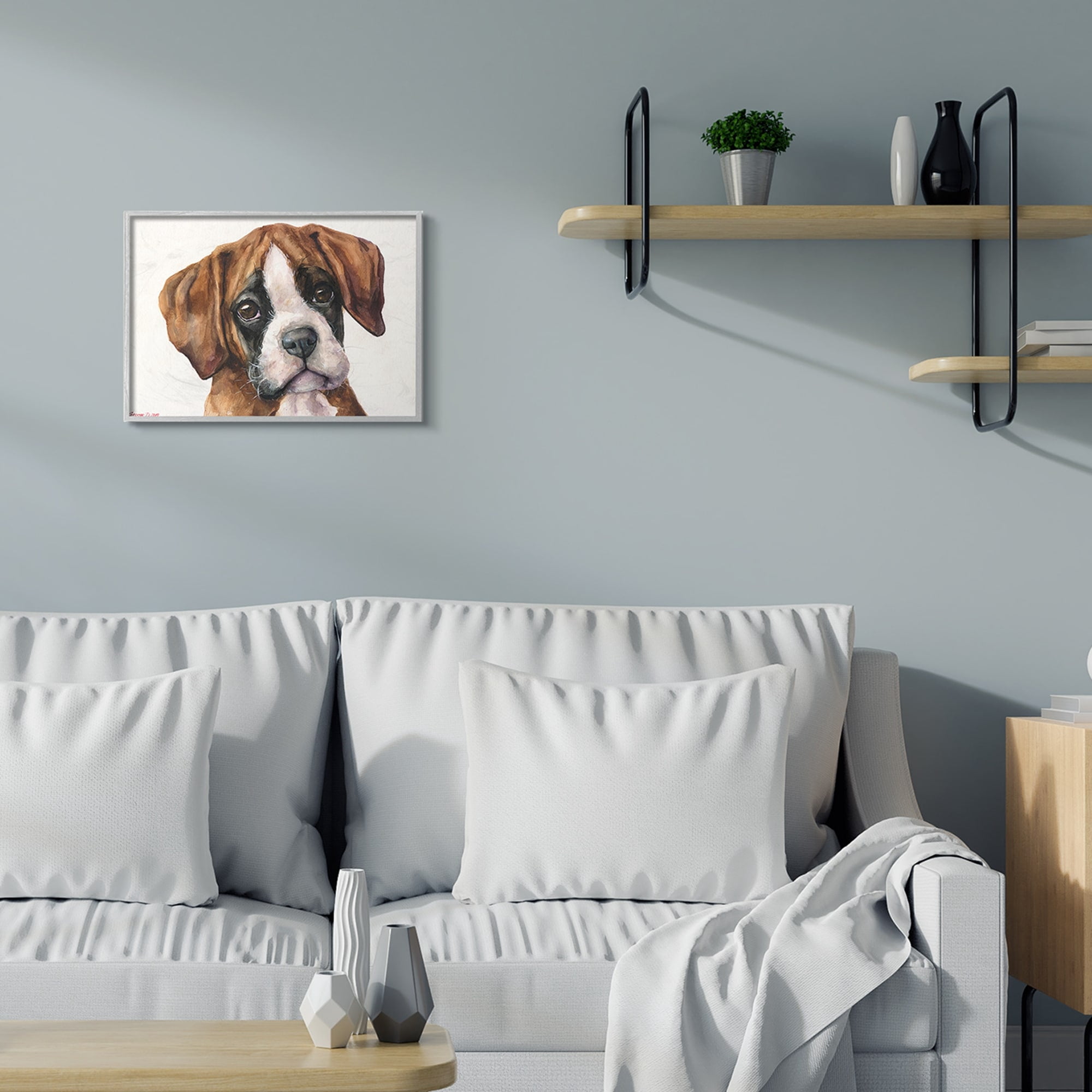 Stupell Industries Puppy Eyes Boxer Dog Pet Portrait Brown White Grey Framed, 16 x 20, Design by George Dyachenko
