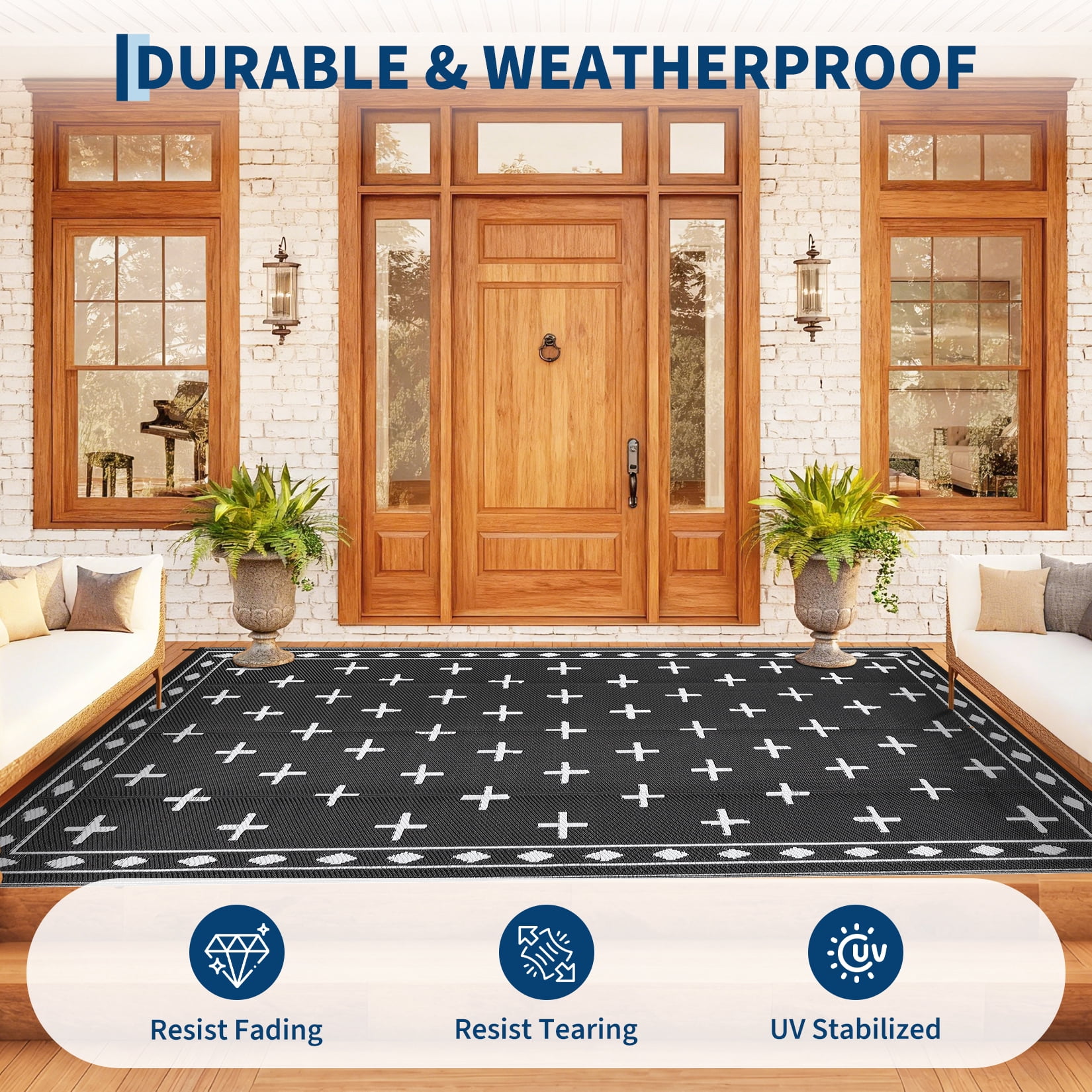 Large 9x18 Outdoor Area Rug, Waterproof Plastic Straw Mat with Framed Geometric Design for RV Awning, Patio, Deck, Garden, Camping, Beach and Backyard,Black White