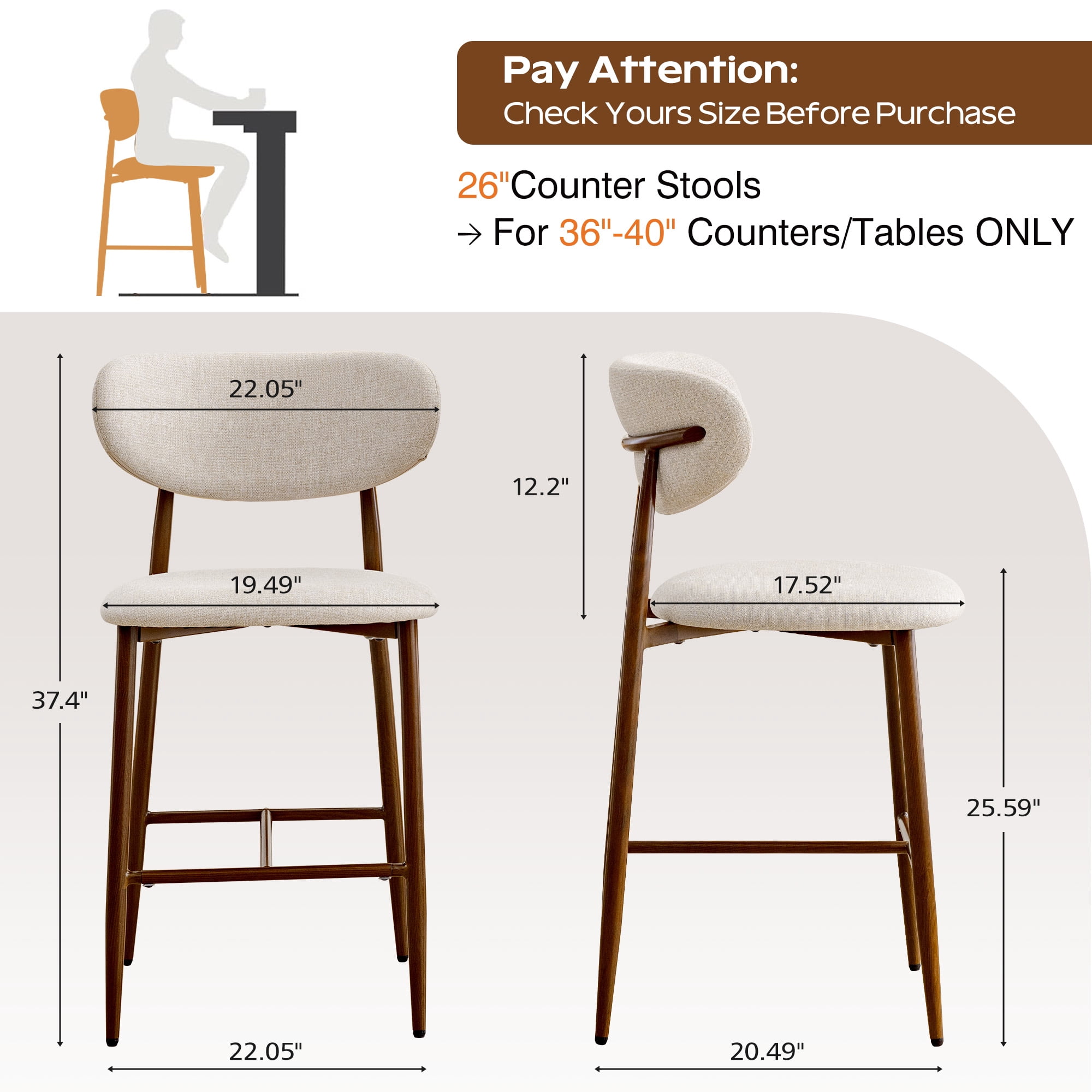COOLHUT Bar Stool Set of 4, 26" Counter Height Bar Stools with Curved Back, Premium Linen Upholstery Bar Stools with Brass-Toned Metal Footrest for Dining Room, Kitchen Island, Oatmeal