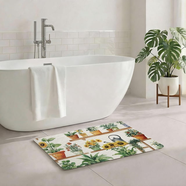 32x20 IN Plush Non Slip Potted Sunflower Bath Rug Bathroom Kitchen Floor Decor