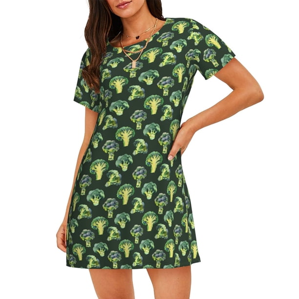Fotbe Broccoli 3 Bata de Dormir para Mujer con Estampado, Camisón de Algodón de Manga Corta, Ropa de Dormir Casual