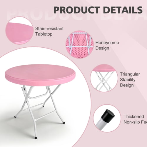 31.5" Round Folding Table, HDPE Cocktail & Bistro Table, Tool-Free Setup, Foldable for Outdoor Parties, Weddings, Cafes & Backyard, Pink