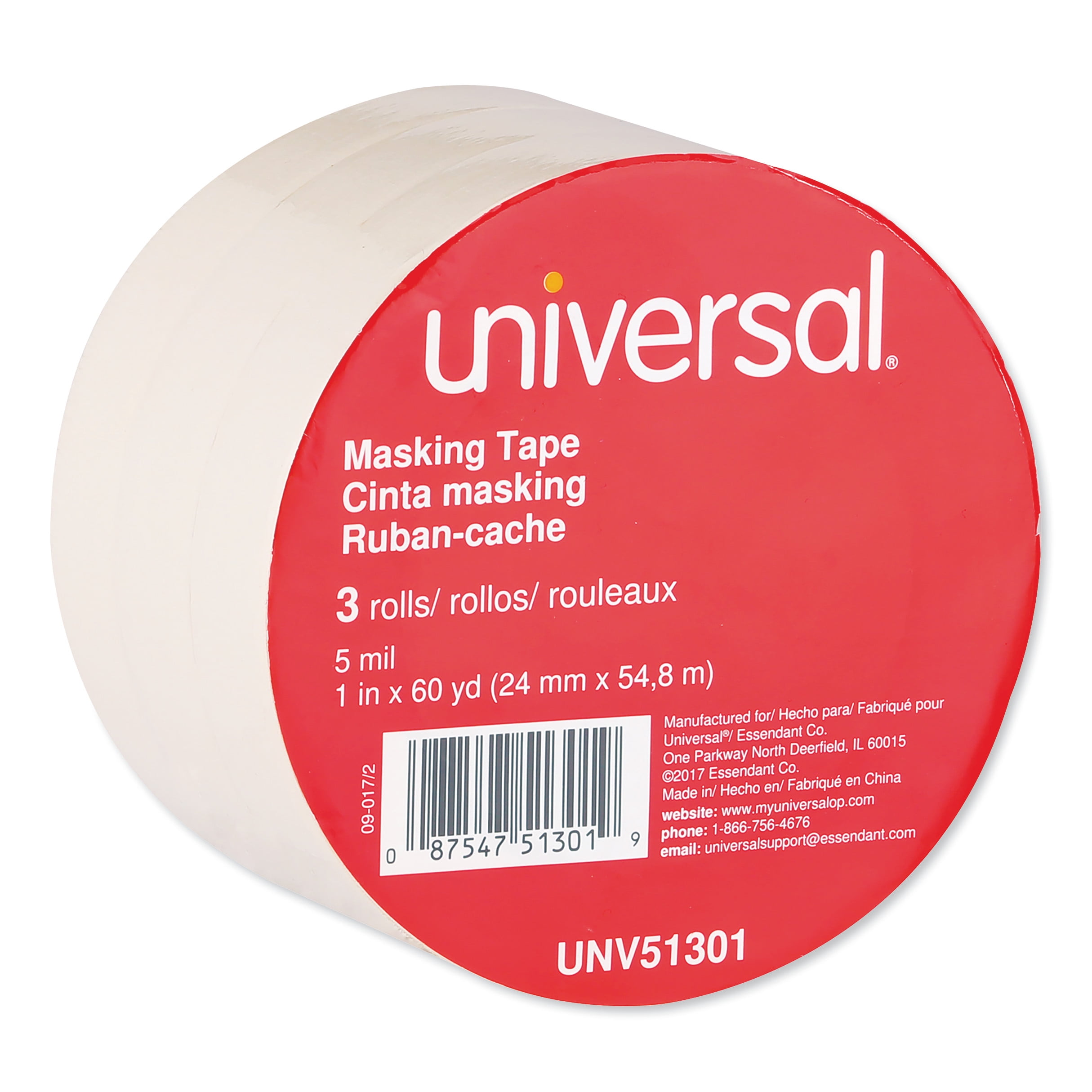 Universal General Purpose Masking Tape, 24mm x 54.8m, 3" Core, 3/Pack