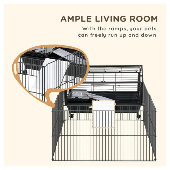 Small Animal Playpen Cage w/ Rolling Caster, Water Bottle, 35" L