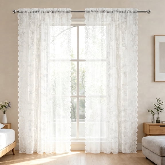 YEAHOME Vintage White Lace Curtains 40 inches Long 2 Panels Set, Romantic Elegant Light Filtering Semi Sheer Floral Thick Lacy Curtain Drapes for Living Room and Bedroom, Each Panel 40W x 78L