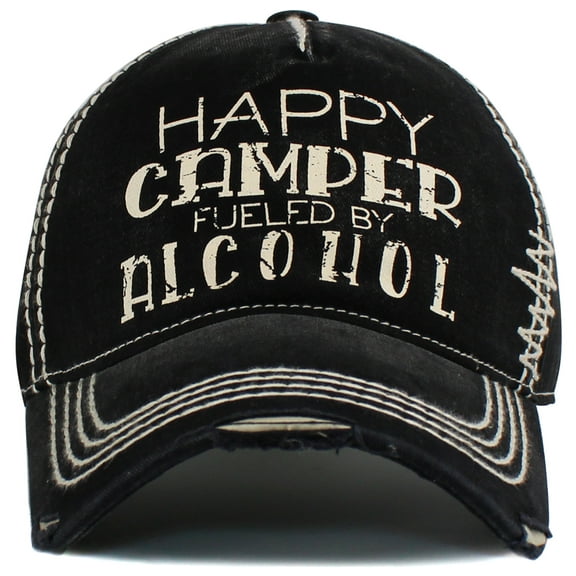Happy Camper Fueled By Alcohol Vintage Distressed Washed Baseball Cap Hat Mens Womens Unisex