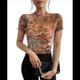 thumbnail image 2 of Top Corto de con Estampado para Mujer, Corta, Cuello Alto, Ajustado, con Ribete en Forma de Lechuga, Transparente, para Salir Color Caramelo L, 2 of 9