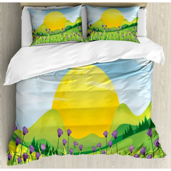 Cloud Queen Size Duvet Cover Set, Sun Down in the Mountains with Violets and Fern Cartoon Style Pastoral Nature Design, Decorative 3 Piece Bedding Set with 2 Pillow Shams, Multicolor, by Ambesonne