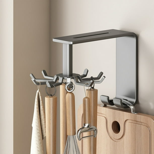 Colgaobjetos | Organizador de cocina giratorio de 360° | Garchos de acero inoxidable montados en la pared para cucharas, ollas, guantes | Ahorro de espacio sin instalación de taladros | Blanco o