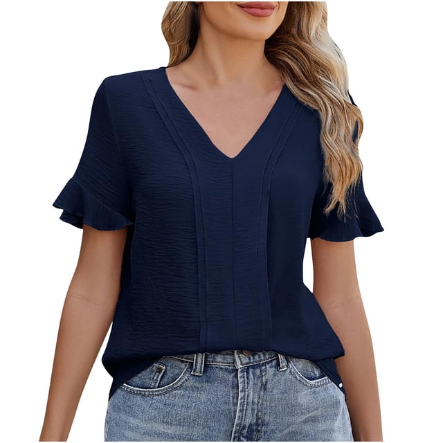 Timegard Summer Tops for Women V Neck Ruffle Short Sleeve Solid Color Casual Lightweight Top Blouse