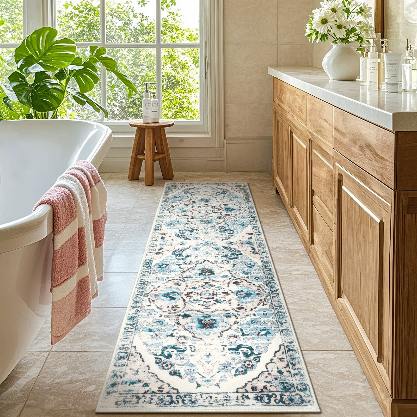 MeyJey 2'x6' Boho Runner Rug for Hallway, Non Slip Machine Washable Rug Distressed Vintage Floor Carpet for Bedroom Kitchen Laundry Room, Blue/Beige