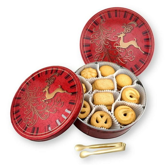 Jacobsens Danish Butter Cookies Reindeer Embossed Gift Tin with Bonus Gift Gold Stainless Steel Tongs 14.1Oz. (400 g.)