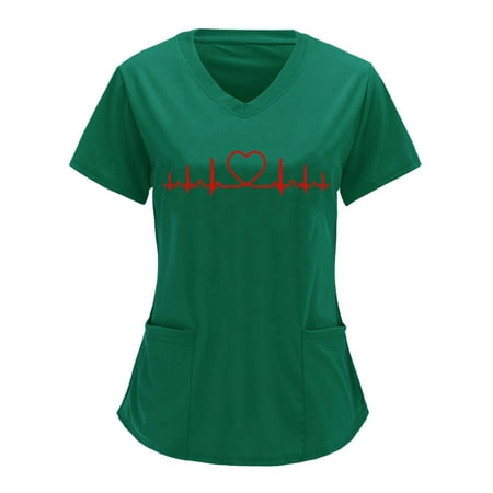

Women Scrubs Tops Print Short Sleeve V Neck Solid Shirts Blouse Tops With Pockets Top Comfortable Nursing Uniform