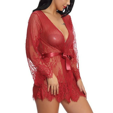 

Voguele Ladies Nightwear Floral Chemise Lace Teddy Lingerie Deep V Neck Women Backless Sheer Sexy Belted Wine Red XL