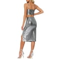 thumbnail image 3 of INSPIRE CHIC Women's Metallic Party Skirt Set Shiny Sleeveless Cami Top Split Skirt 2 Piece Outfits XS Silver Grey, 3 of 6