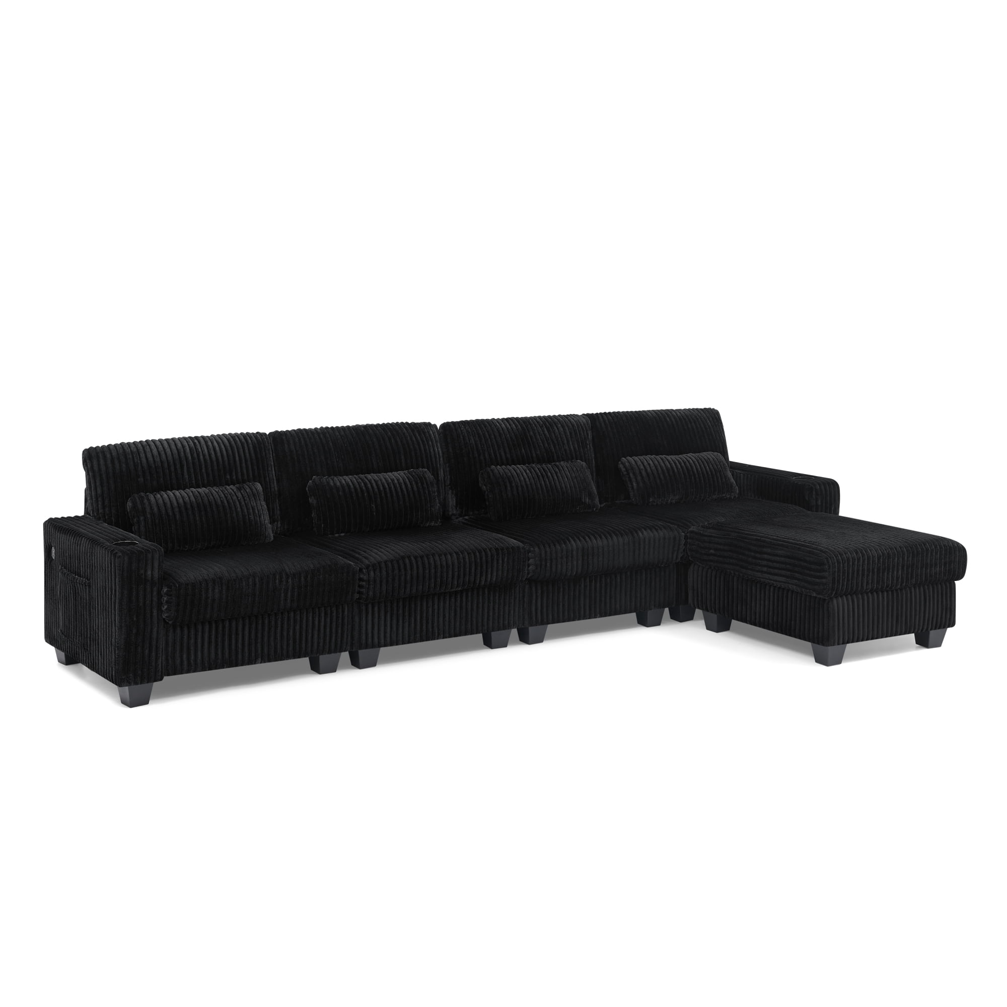 Modular L-Shaped Sectional Sofa with Detachable Ottoman Footrest and Cup Holders, Corduroy 4-Seater Sofa Couch with Side Storage Pockets and Sturdy Plastic Support Feet for Living Room