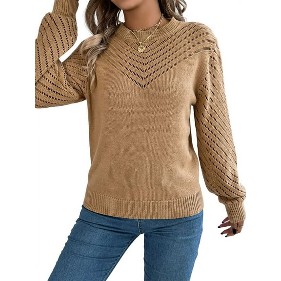 Women'S Crochet Sweaters Crew Neck Long Sleeve Cute Hollow Out Cotton Pullover Knit Tops Khaki S