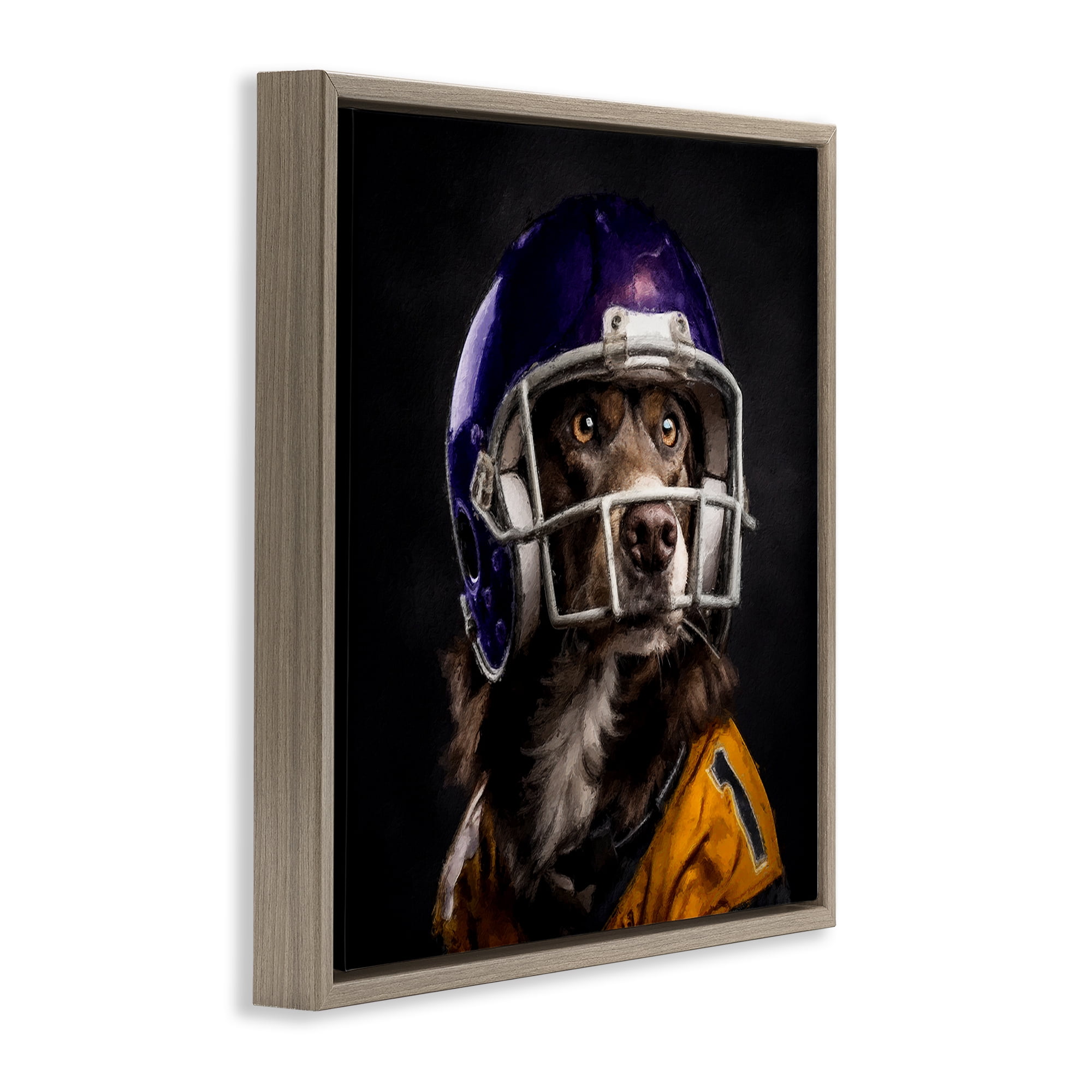 Stupell Industries Dog with Football Helmet Animals Painting Brown Floater Framed Canvas Art Print Wall Art, 25 x 25