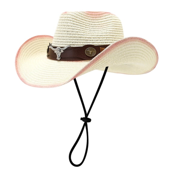 OOOUM Woven Straw Cowboy Hat For Men Women Leather Band Western Hat Fashion Party Cowgirl Hat One Size