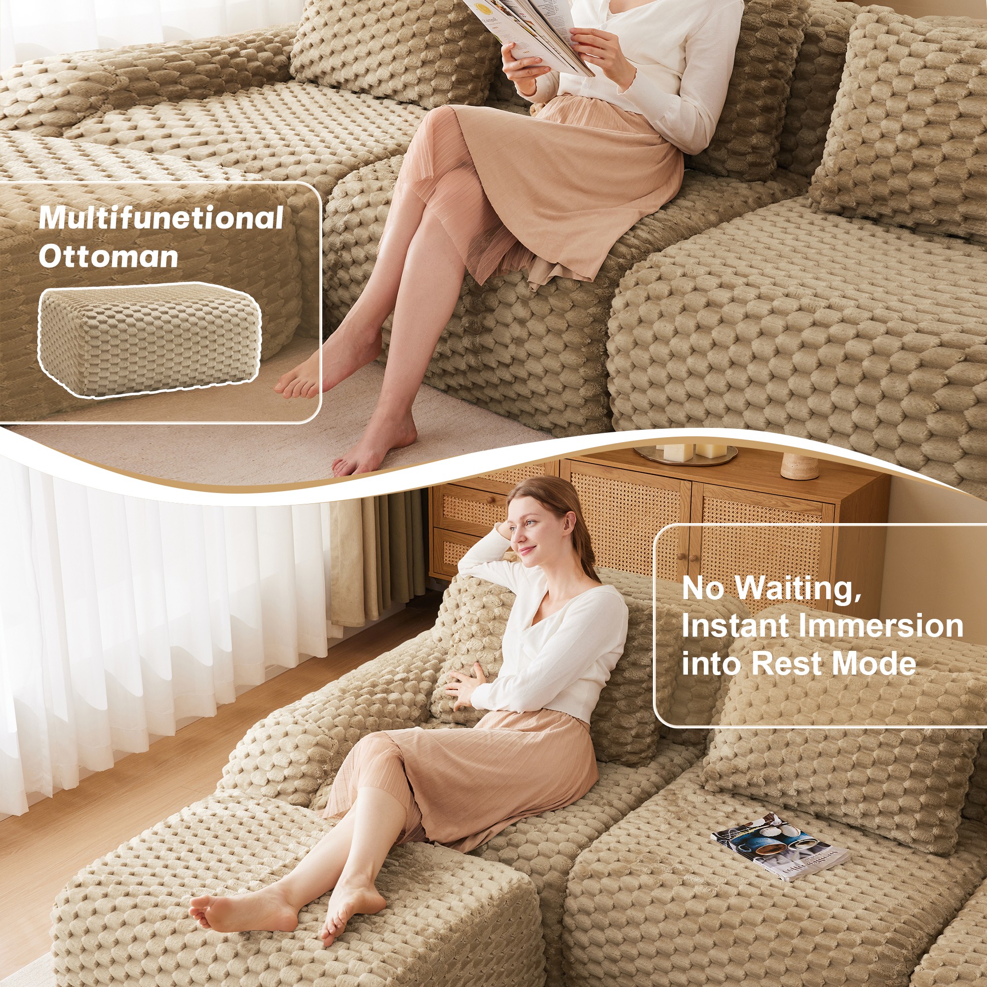 Aukfa 114" L-Shaped Modular Sectional Sofa, 29" Deep Seat Oversized Cloud Couch with Ottoman, Flannelette Upholstered 3-Seater Sofa for Living Room, Light Camel
