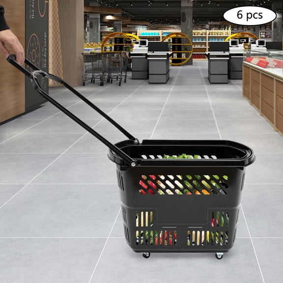 6PCS 50*35*36cm Black Shopping Carts Shopping Basket Plastic Rolling Shopping Basket Portable with Handles