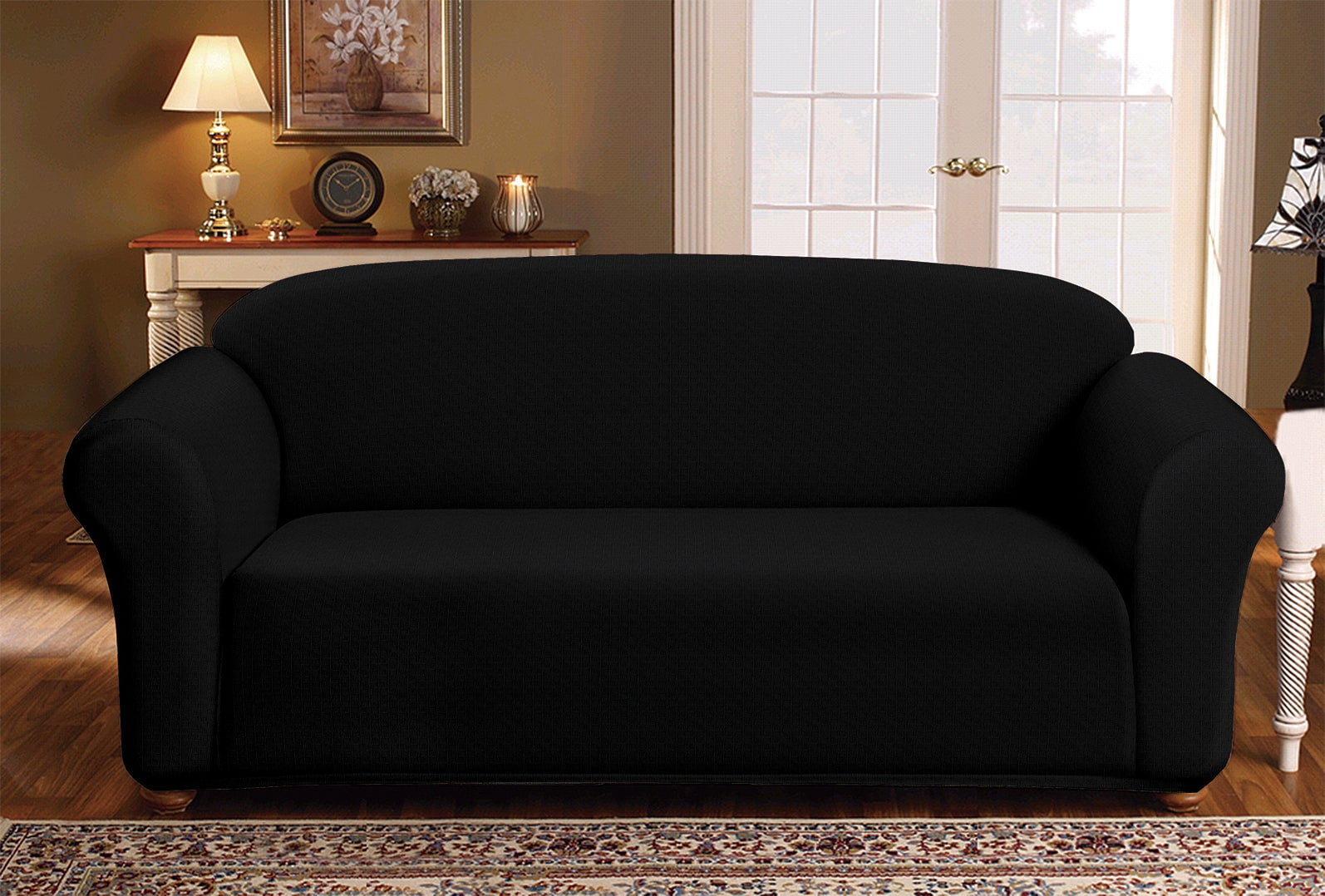 Milan Furniture Slipcover Fitted Protector Couch Cover Jacquard Soft Stretch Non Slip Fabric, Sofa, Black