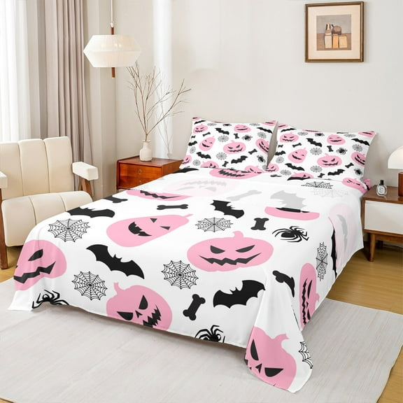 Manfei Cartoon Pink Pumpkin Twin Sheet Sets, Gothic Halloween Bat Animal Twin Fitted Sheet, Kid Child Teen Flat Sheet, Ultra Soft Home Decor, 3pcs