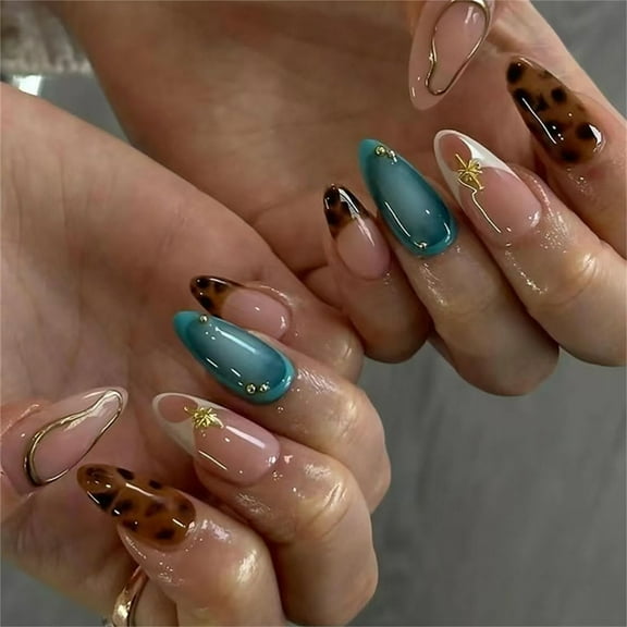 30Pcs Almond Press on Nails Leopards French Fake Nails Acrylic False Nails,Artificial Nails Glues on Nails for Womens