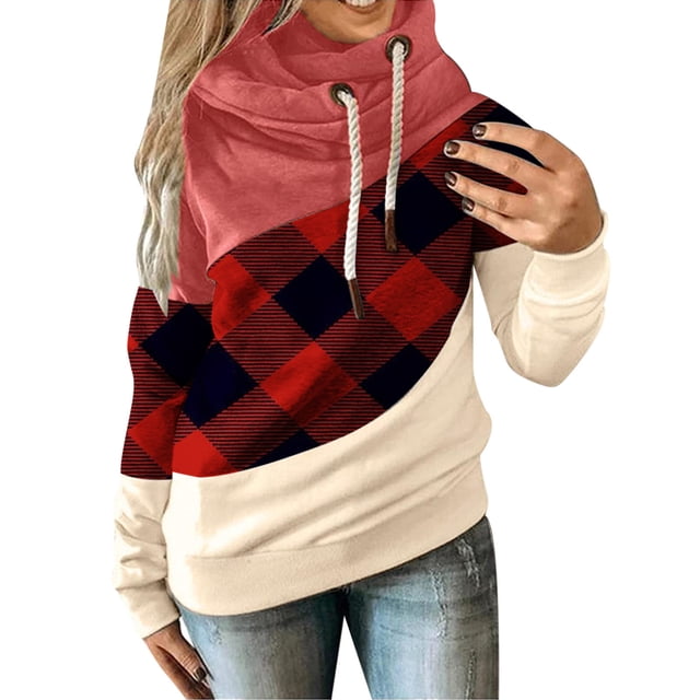 Pompotops Women Lattice Printed Pullover Hoodies Long Sleeve Drawstring Hooded Tops Sweatshirt