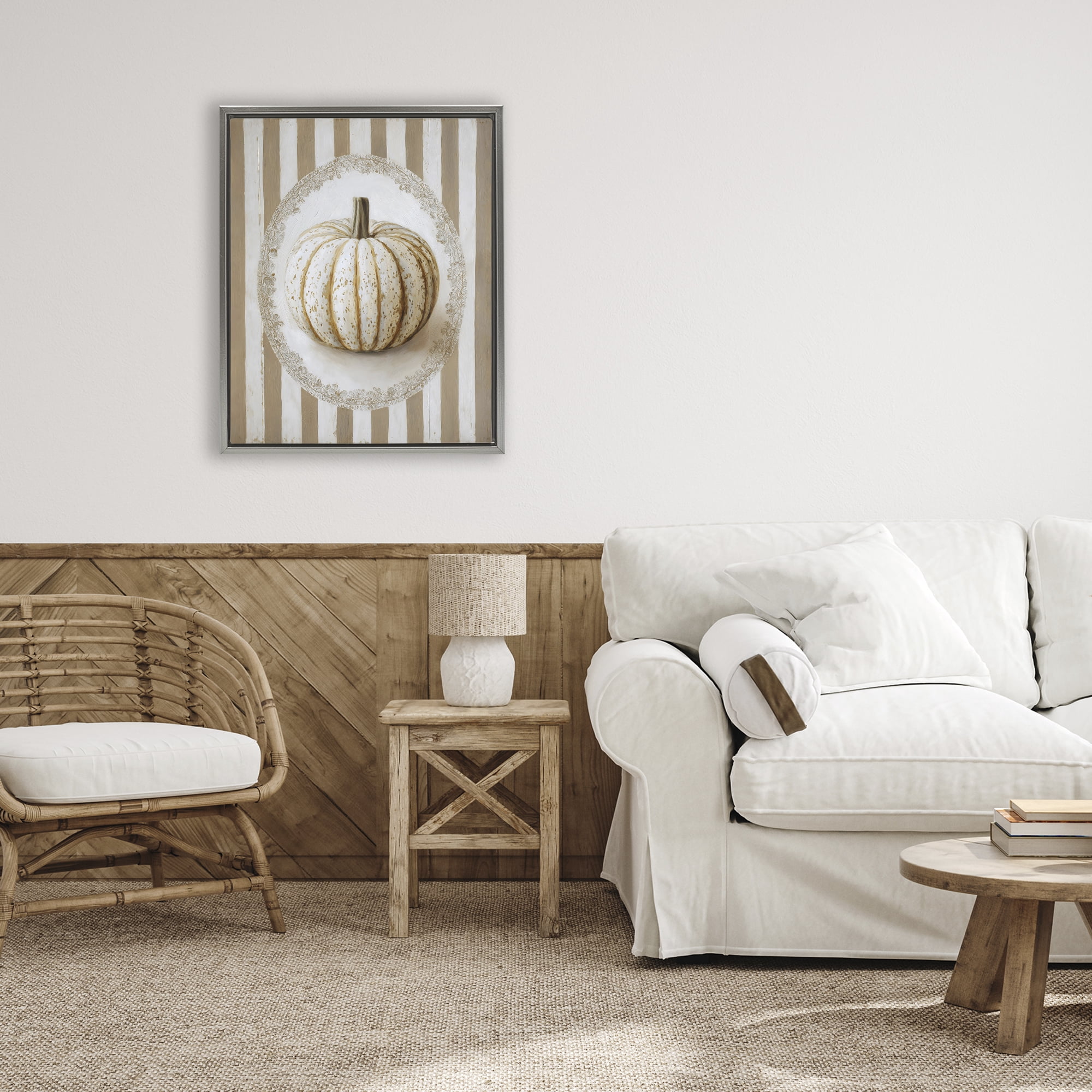Beige Stripes Pumpkin Gray Framed Floater Canvas Wall Art, design by Arlington Prints