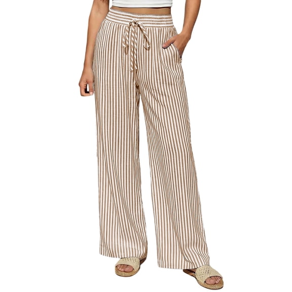 VEKDONE Womens Drawstring Wide Leg Pants Casual Elastic High Waist Striped Palazzo Trouser Loose Fit Lightweight Beach Lounge Pants with Pockets Brown XXL