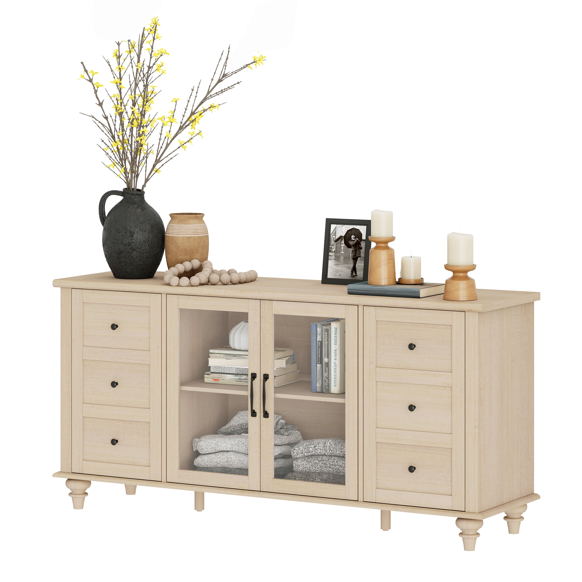 Beige Sideboard with Glass Door, Farmhouse Buffet Cabinet with Storage Shelf for Kitchen Dining Room