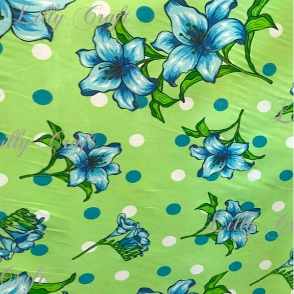 Lilly Craft Light Blue Lillies on Lime Green Poly Cotton Fabric - Sold By The Yard - 58" / 59"