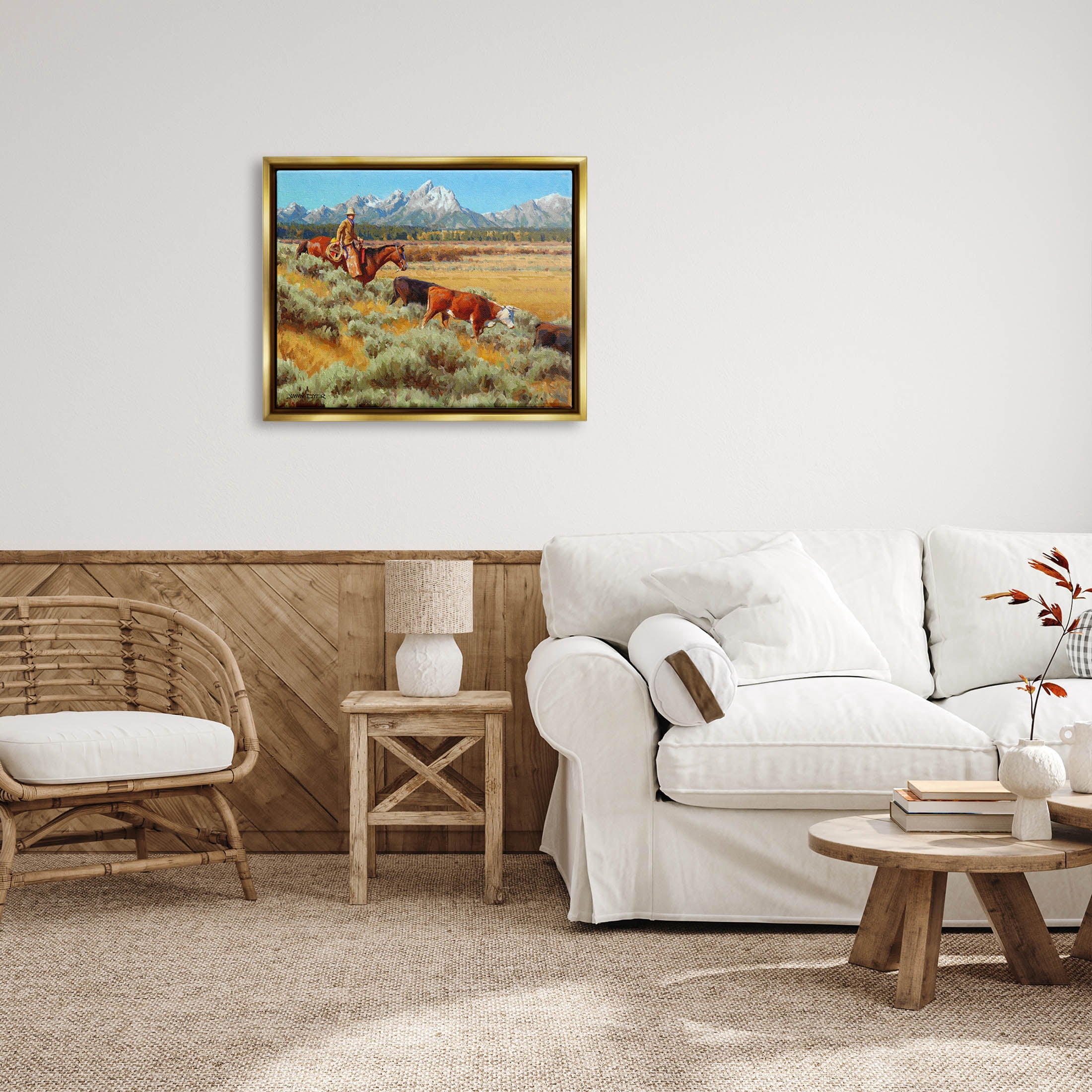 Western Ranch Horse Cattle Animals & Insects Painting Metallic Gold Framed Art Print Wall Art
