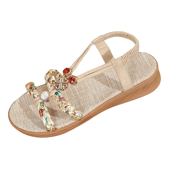 Sandals for Women Dressy Summer Flat Casual Summer Rhinestone Beaded Sparkly Bling Bohemian Lace Flower Sandal Comfortable Elastic Ankle Strap Beach Shoes