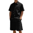 thumbnail image 2 of Hogleaql Men's 2 Pieces Linen Set Summer Beach Short Sleeve Button T-Shirts and Shorts Tracksuits Elastic Waist Relaxed Fit Loose Fit Fashion Matching Set with Pockets Black 3XL, 2 of 4
