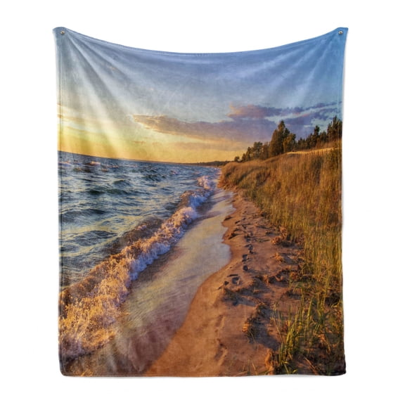 Coastal Soft Flannel Fleece Throw Blanket, Sandy Calm Beach Ocean Waves Tranquil Seashore Setting Sun, Cozy Plush for Indoor and Outdoor Use, 50" x 60", Pale Yellow Pale Brown, by Ambesonne