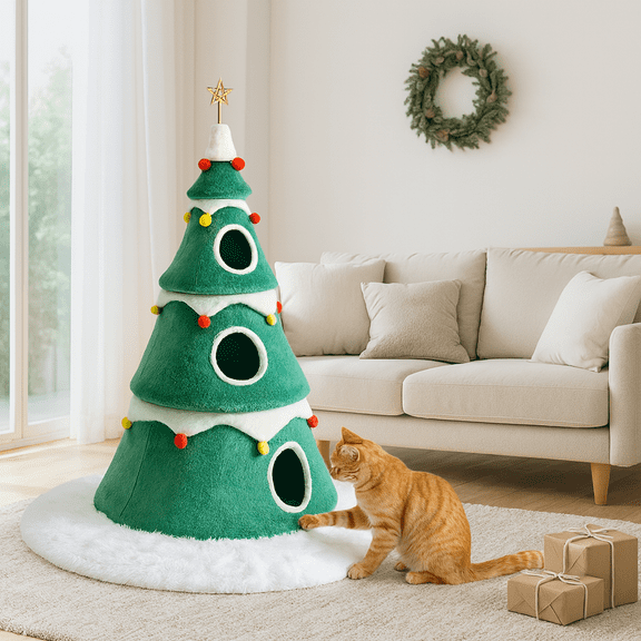Stephan Roberts 56" H Blue Spruce Cat Christmas Tree with 3 Condos and Tree Skirt, Holiday Cat Tower for Indoor Cats