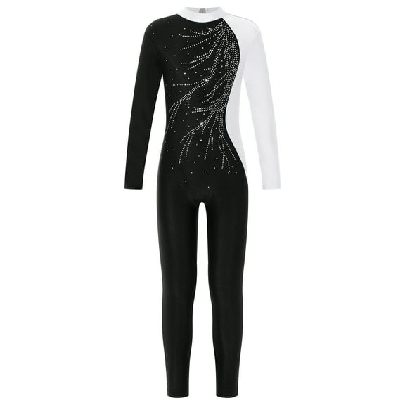 IEFIEL Kids Girls Full Length Ballet Dance Jumpsuit Unitard Long Sleeve Shiny Rhinestone Gymnastics Yoga Bodysuit