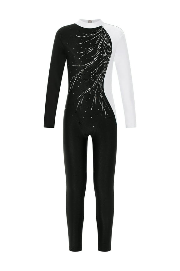 Kids Girls Full Length Ballet Dance Jumpsuit Unitard Long Sleeve Shiny Rhinestone Gymnastics Yoga Bodysuit