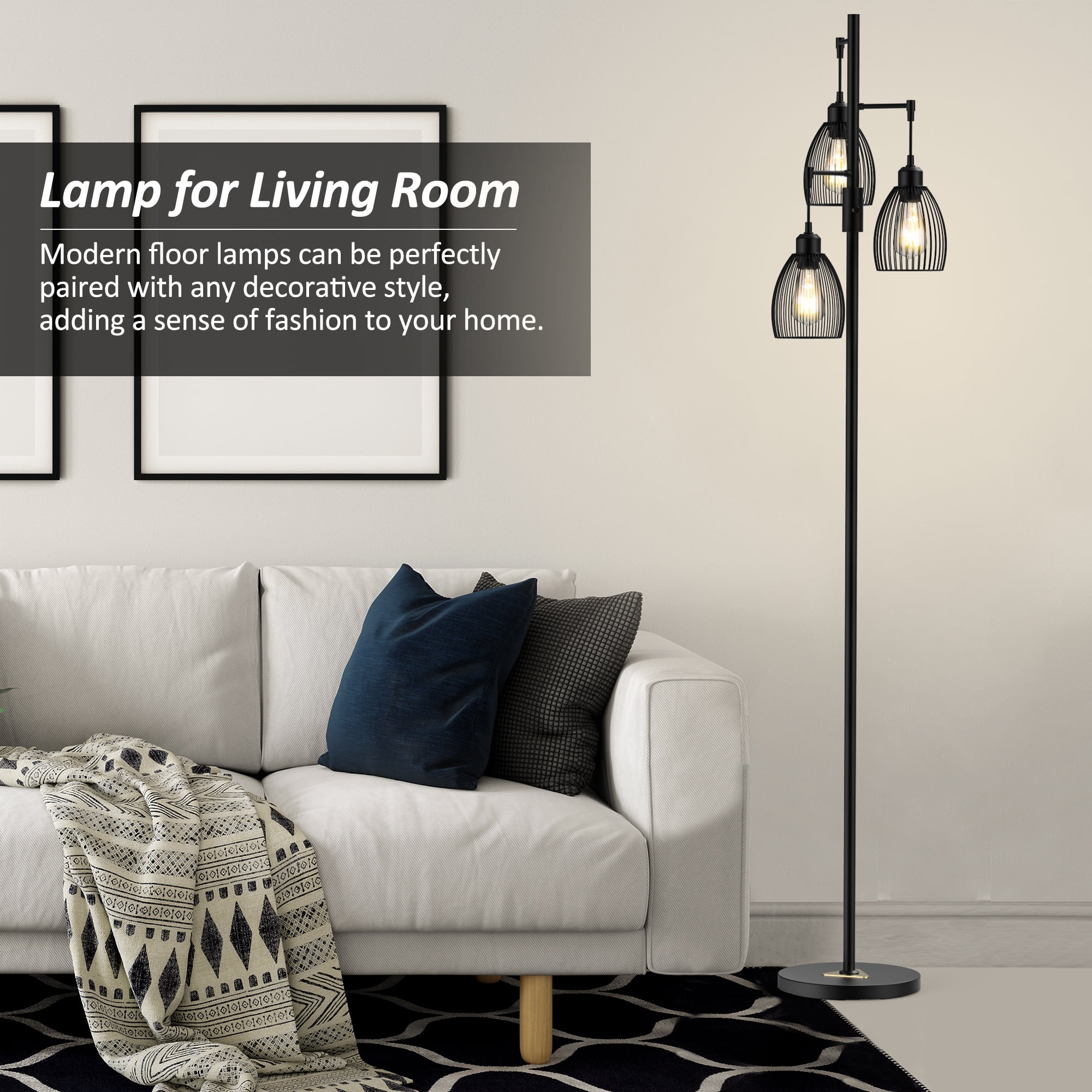 JURULU 70 inch Dimmable Floor Lamp, 3 x1000 LM Bulbs, Elegant Birdcage-Style Industrial Farmhouse Standing Tree Lamp, Perfect for Living Room, Bedroom, Office, Dining Room Decor - Black